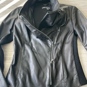 Vince Black Leather Jacket with Ribbed Accents
